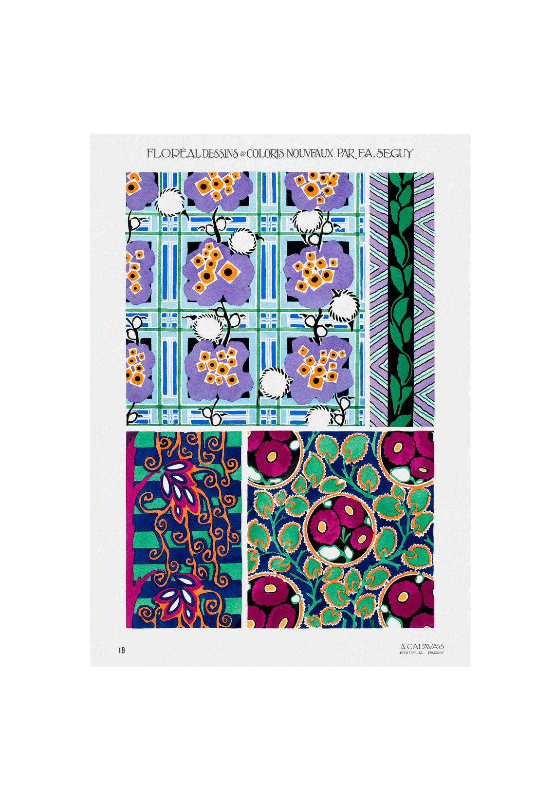E A Seguy Floreal Plate 19 Purple Blossom Grid Vine Pattern Poster