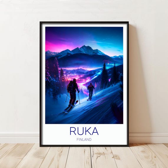 Ruka Finland Ski Poster Northern Lights Winter Scene