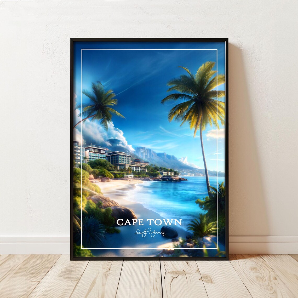 Cape Town South Africa Beach Palms Table Mountain Travel Poster