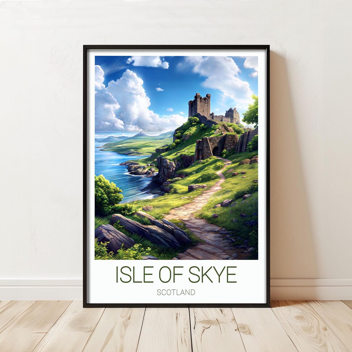 Isle of Skye Scotland Castle Ruins Over Misty Sea Coast Travel Poster