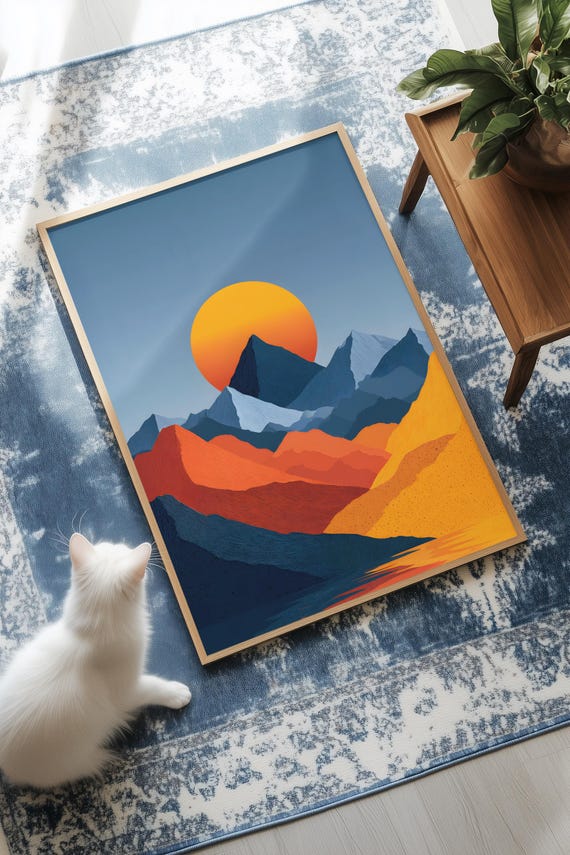 Minimal Geometric Mountains Sun Clean Abstract Nature Art