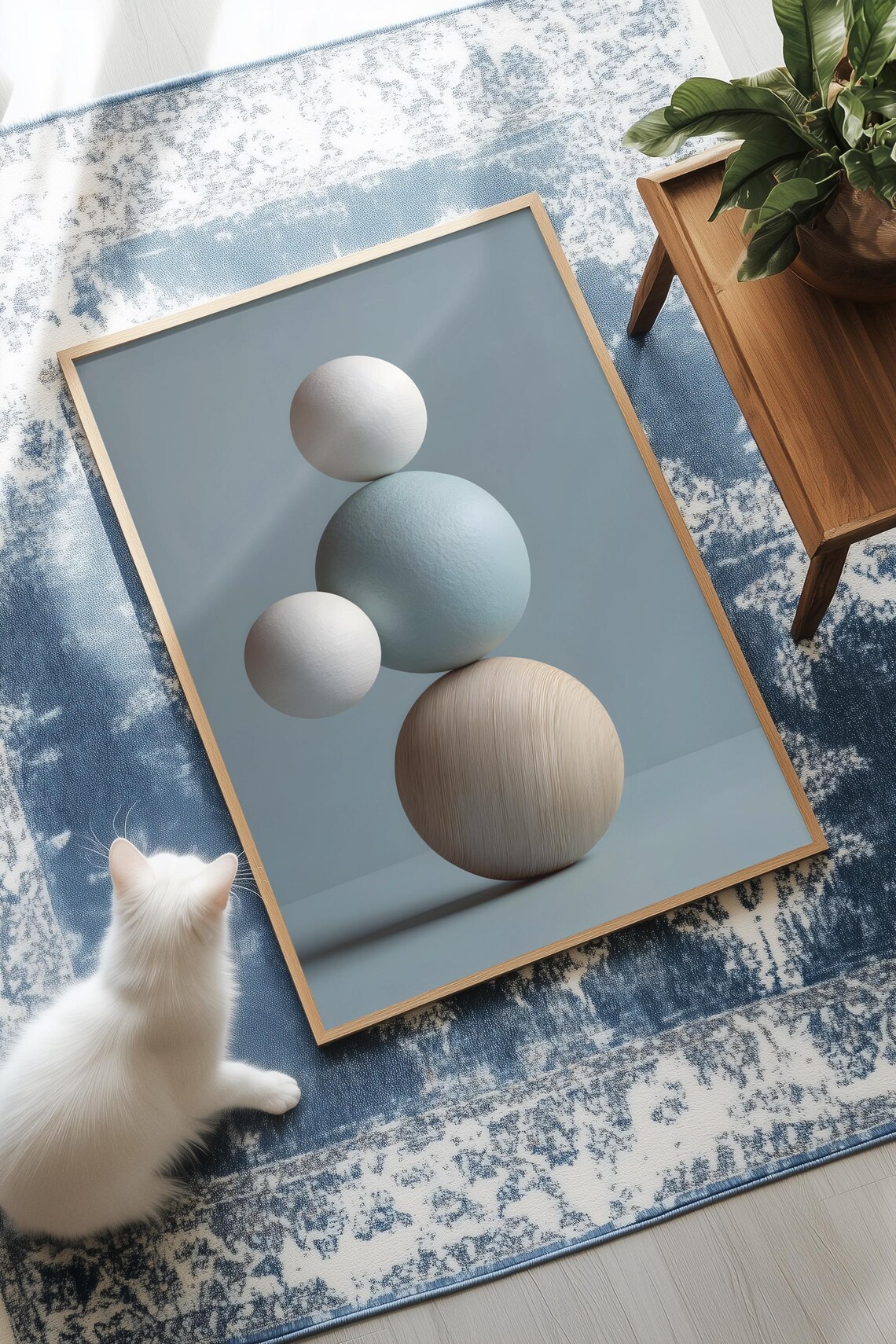 Balancing Spheres Minimalist Abstract Blue Neutral Art Poster