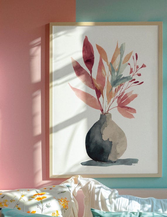 Minimalist Vase With Abstract Boho Flowers Watercolor Wall Art Modern Botanical