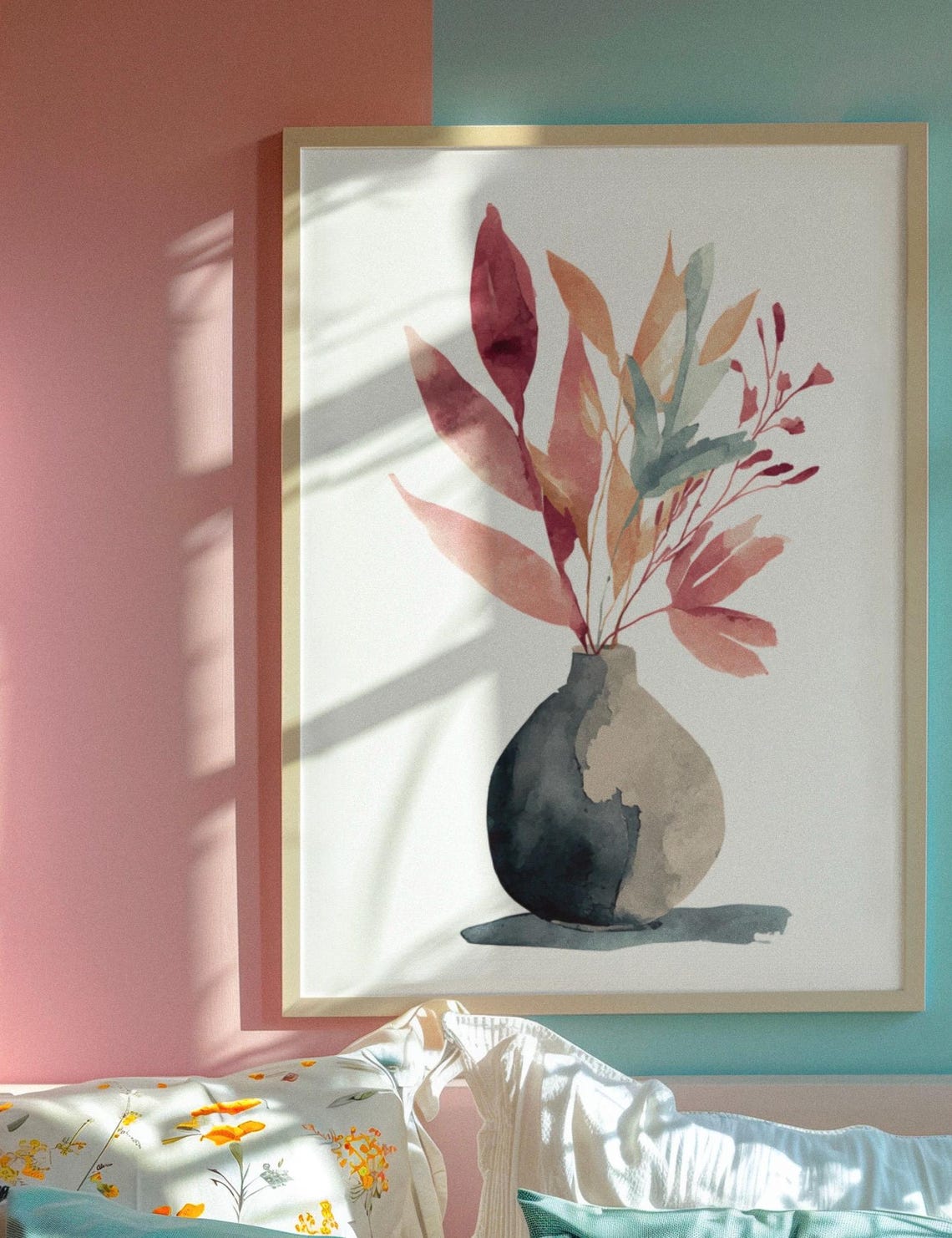 Minimalist Vase With Abstract Boho Flowers Watercolor Wall Art Modern Botanical