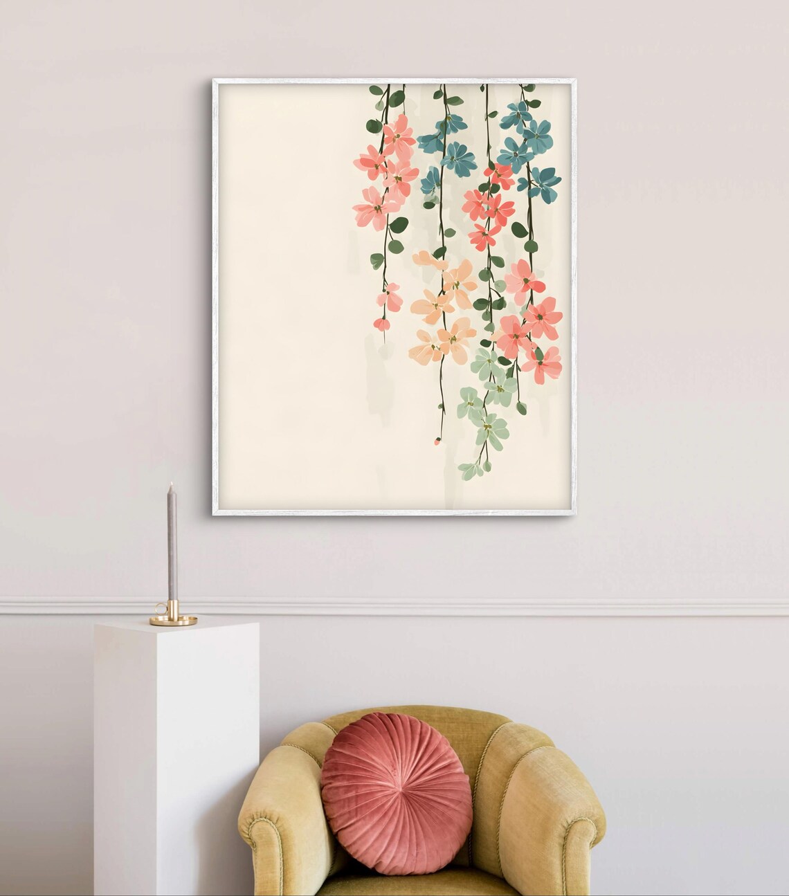 Hanging Vines with Pastel Flowers Minimalist Botanical Poster