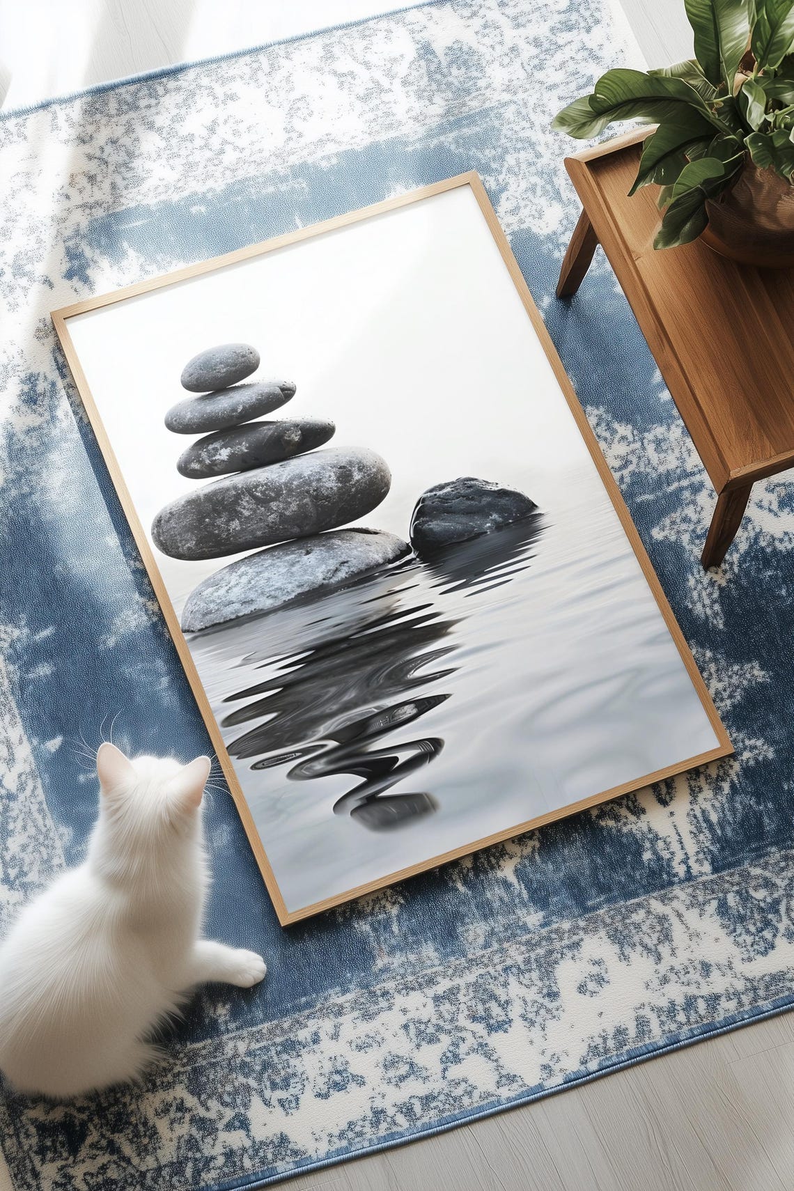 Zen Stacked Stones Wall Art with Monochrome Reflection on Calm Water