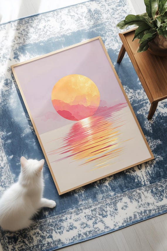 Golden Sun Waves Abstract Art Print Warm Gradient Beach Decor