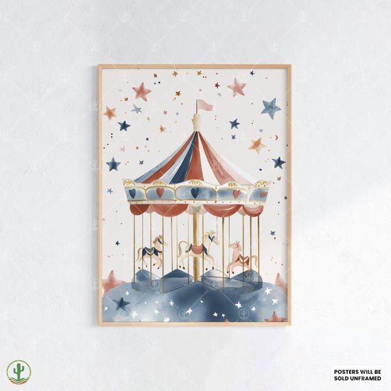 Vintage Carousel Ride Nursery Wall Art Print Cute Baby Room Decor Animal Kids Poster