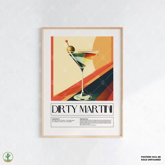 Dirty Cocktail Art Print Retro Bar Decor Modern Abstract Poster With Recipe For Kitchen Lounge Or Home Wall Display