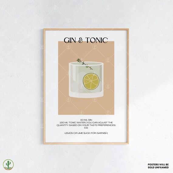 Gin and Tonic Cocktail Recipe Poster Fresh Lime Drink Kitchen Bar Decor