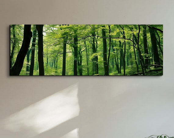 Lush Green Deep Forest With Sunlight Large Print Path In Magical Secret Woods Home Decor Calming Home Decor Panoramic
