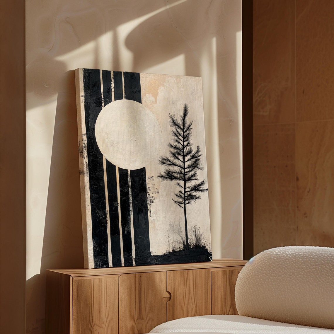 Minimalist Black And White Pine Tree Full Moon Abstract Zen Wall Art Japanese Inspired Nature Print