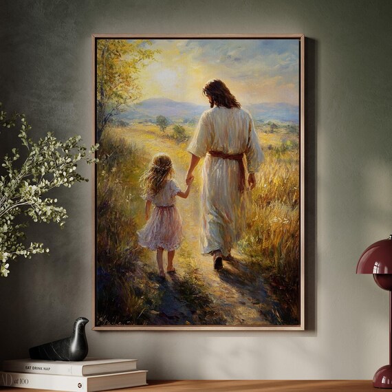 Jesus Walking With A Child At Sunset Tender Christian Scene Poster