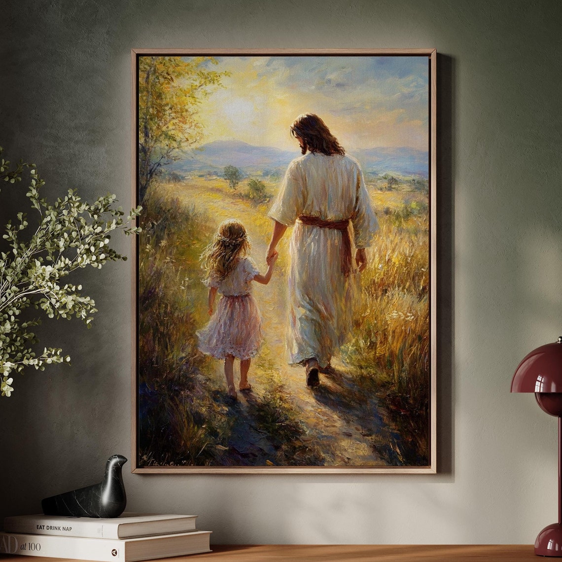 Jesus Walking With A Child At Sunset Tender Christian Scene Poster