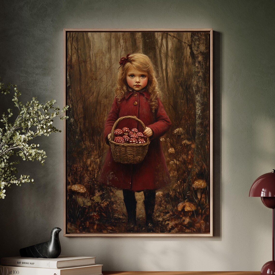 Little Girl in Red Coat With Basket of Mushrooms, Vintage