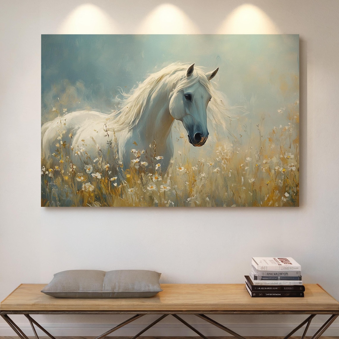 Elegant White Horse In Wildflower Meadow Art Print