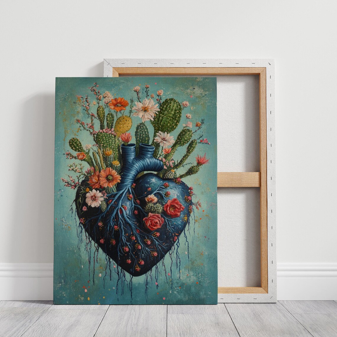 Cactus Heart Art With Blooming Flowers, Botanical