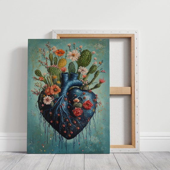 Cactus Heart Art With Blooming Flowers, Botanical