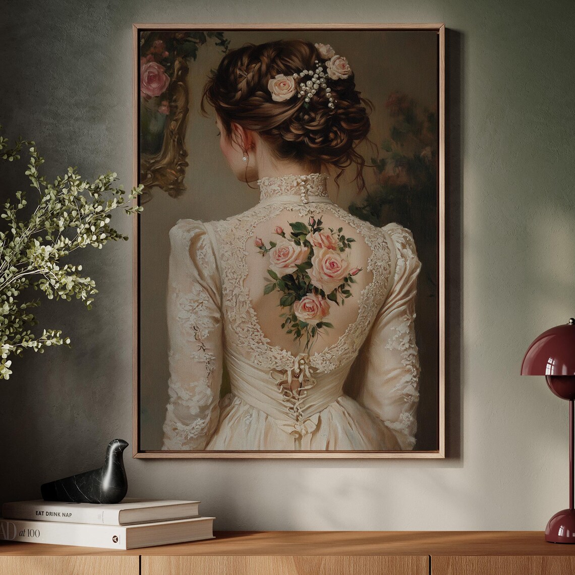 Victorian Woman in Lace Dress Floral Back Tattoo Romantic Art Poster