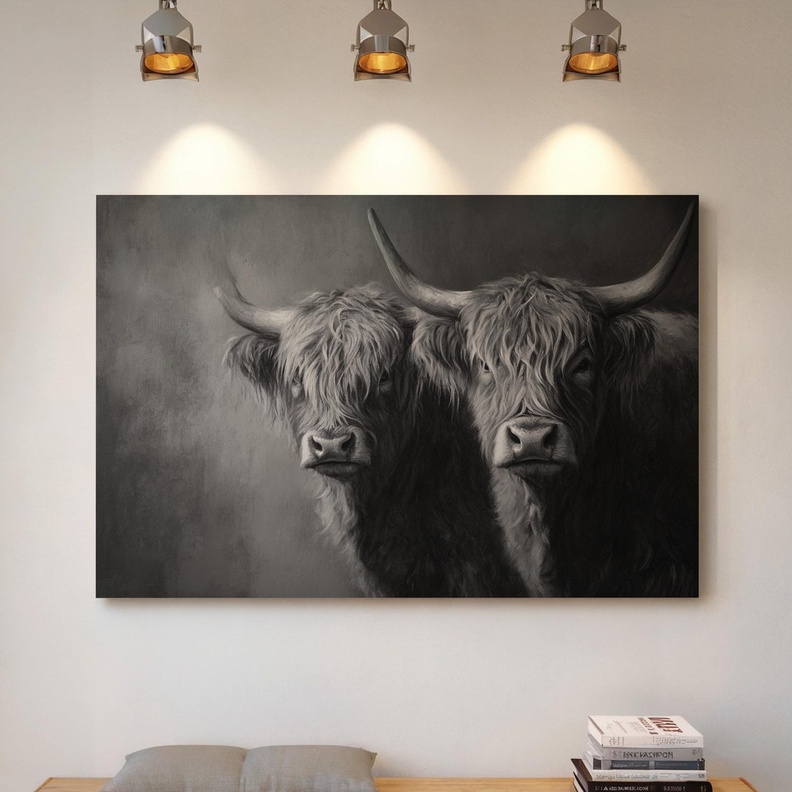 Highland Cows Pair Monochrome Black White Dramatic Portrait Poster