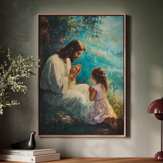 Jesus Kneeling in Prayer With a Little Girl in a Quiet Garden Poster