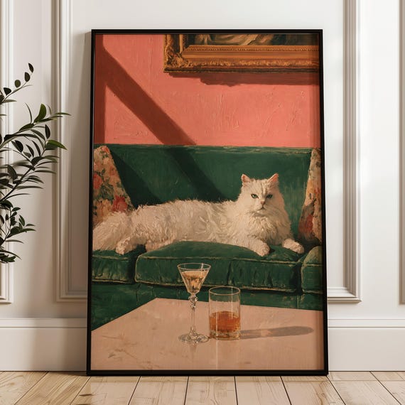 Moody Cat Wall Art Eclectic Cocktail Print Colorful Whimsical Decor Digital Download
