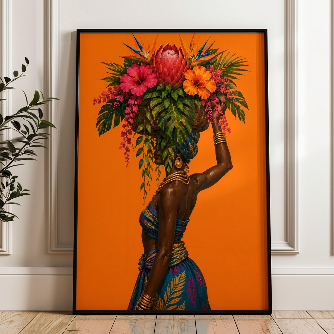 Afrocentric Portrait Art Print, Tropical Flower Poster