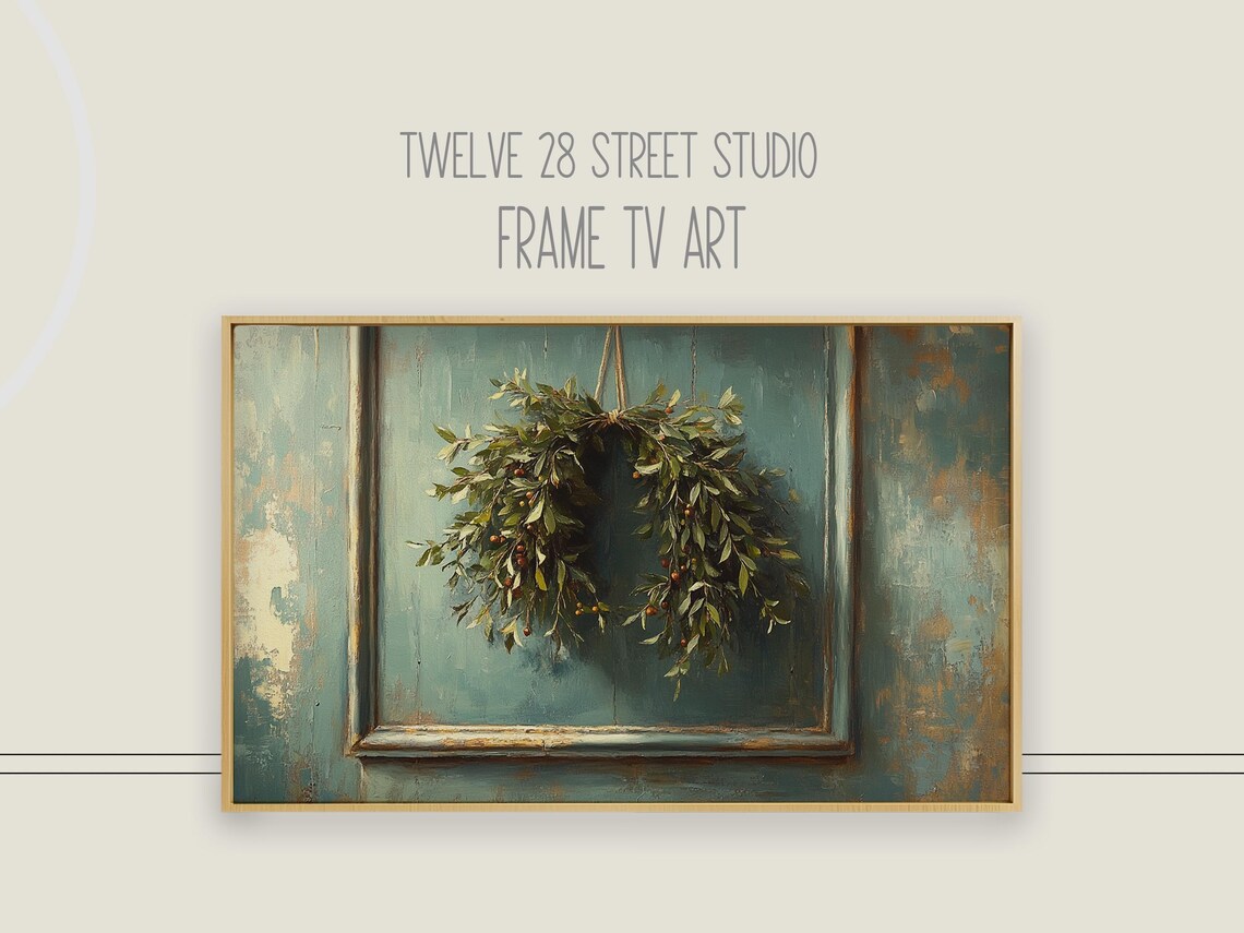 Christmas Mistletoe Wreath Vintage Holiday Wall Art Blue Door Painting