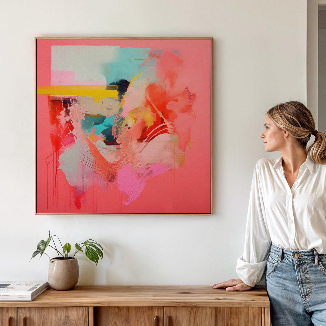 Coral Red Abstract With Teal And Yellow Brushstrokes Wall Art
