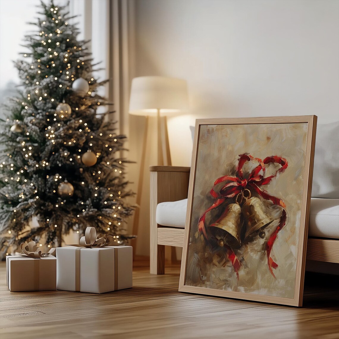 Golden Christmas Bells Red Ribbon Bow Vintage Oil Painting Poster - Image 3