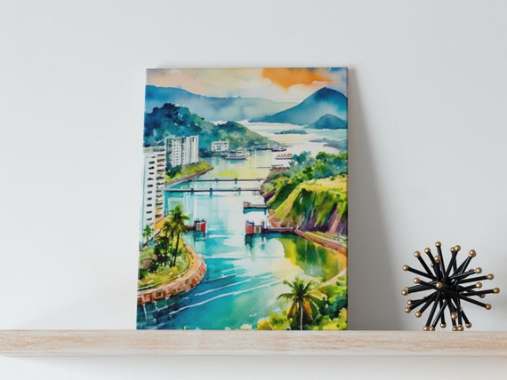 Panama Canal Watercolor Art Canvas Travel City Print Wall Fine