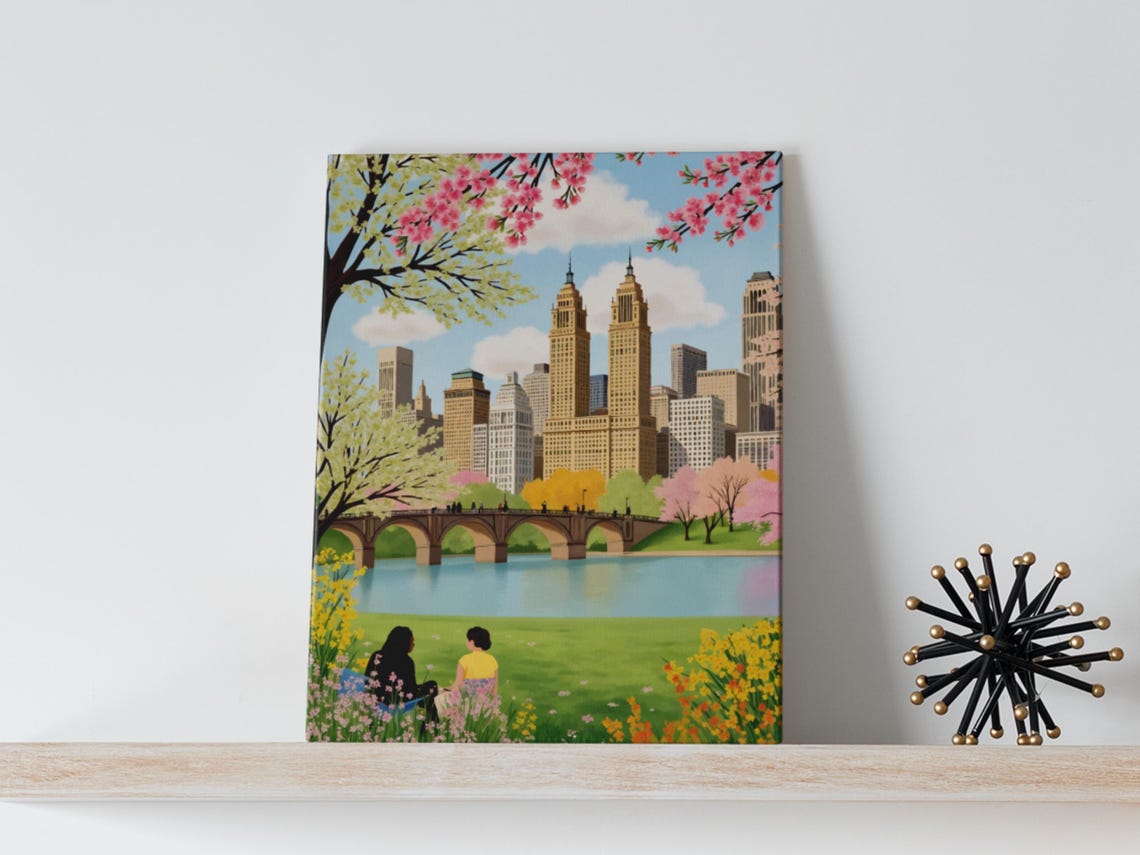 Central Park New York Spring Cherry Blossom Skyline Art Poster