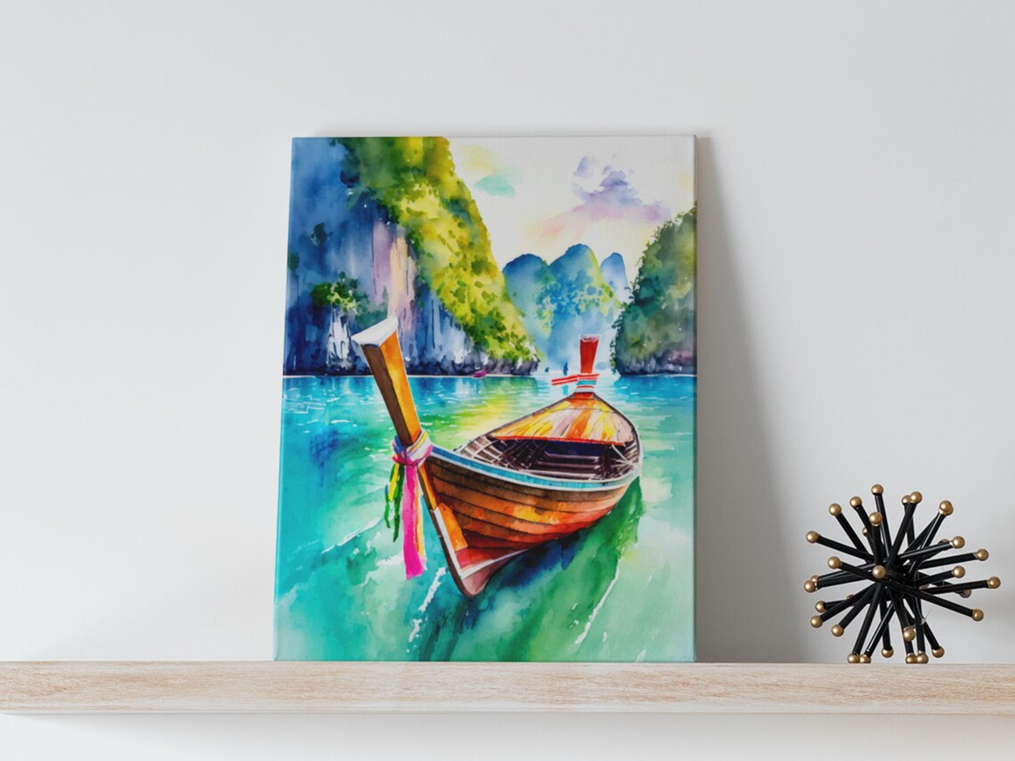 Phi Island Thailand Longtail Boat Watercolor Tropical Sea Poster