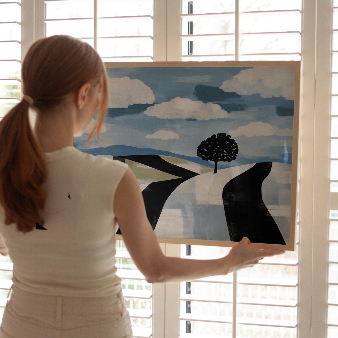 Abstract Landscape With Figures And Trees, Minimalist Mountain Scene