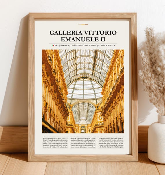 Galleria Vittorio Emanuele Ii Milan Italy Wall Art Vintage Travel Poster Print Physical Shipped Gallery Decor