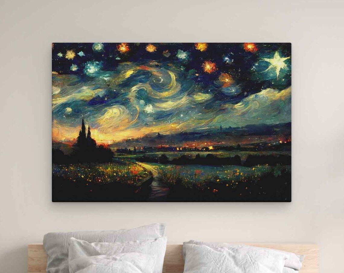 Starry Night Sky Swirling Stars Over Countryside Impressionist Art Poster