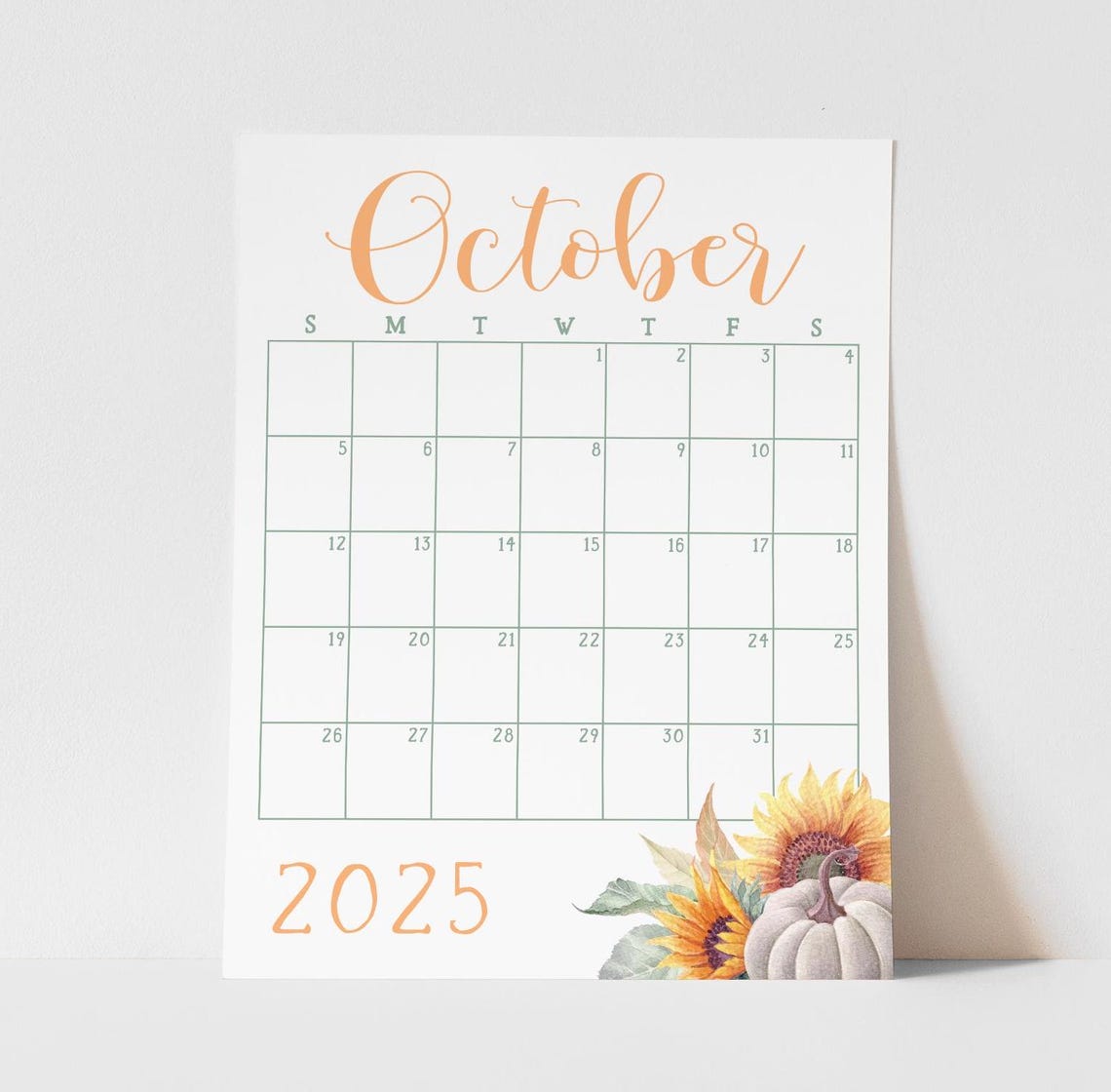 October 2025 Calendar Pumpkin Sunflower Fall Monthly Planner Wall Art - Image 2