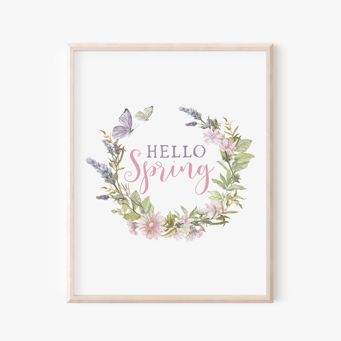 Hello Spring Floral Wreath Butterflies Pink Watercolor Wall Art Print - Image 5
