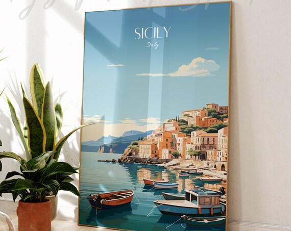 Sicily Italy Pastel Harbor Boats Coastal Town Vintage Travel Poster