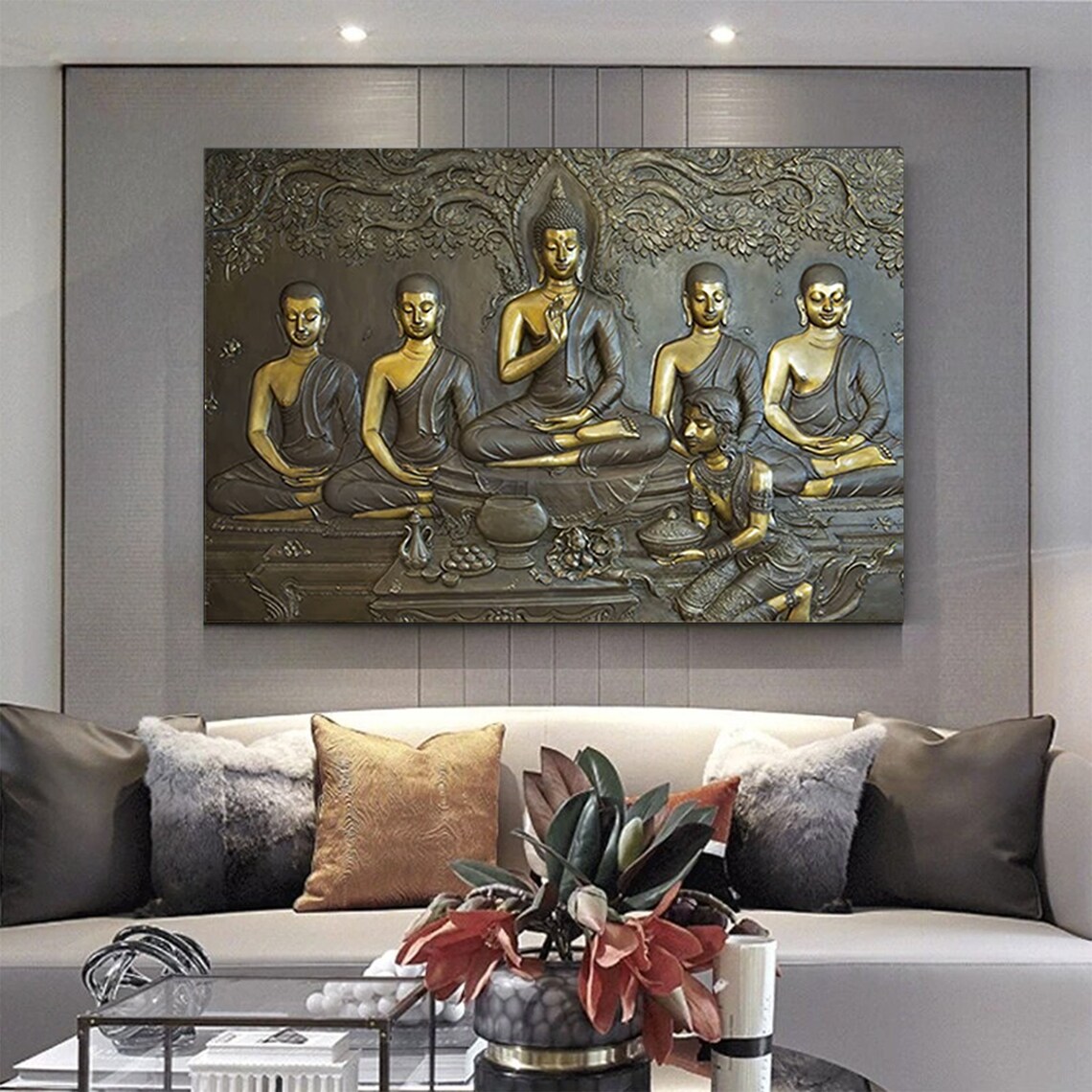Golden Buddha Five Disciples Bronze Relief Meditation Poster