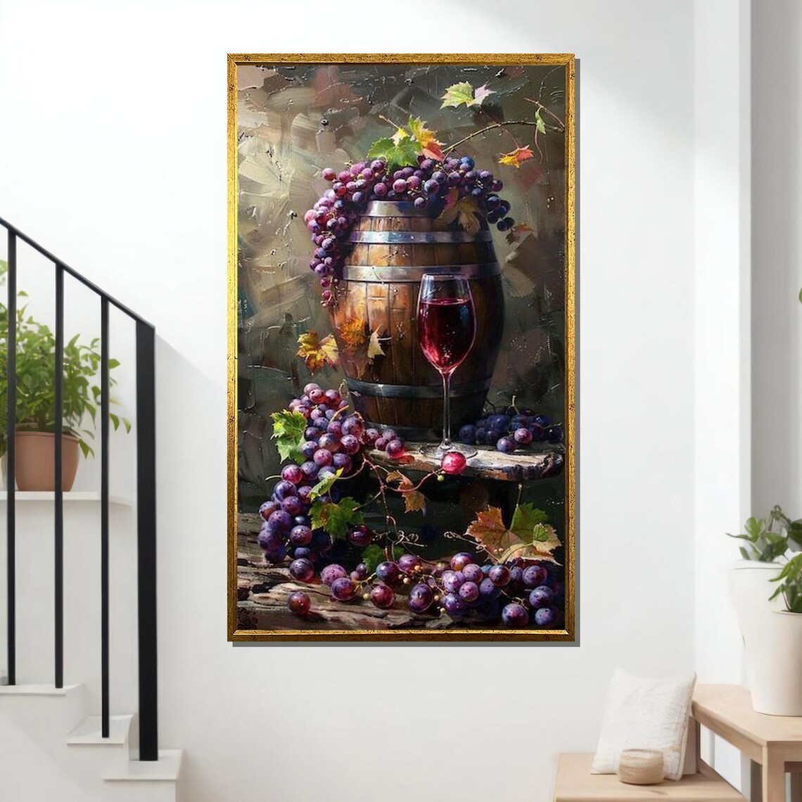 Wine Barrel Still Life Red Grapes Glass Rustic Vineyard Art Wall Poster - Image 2