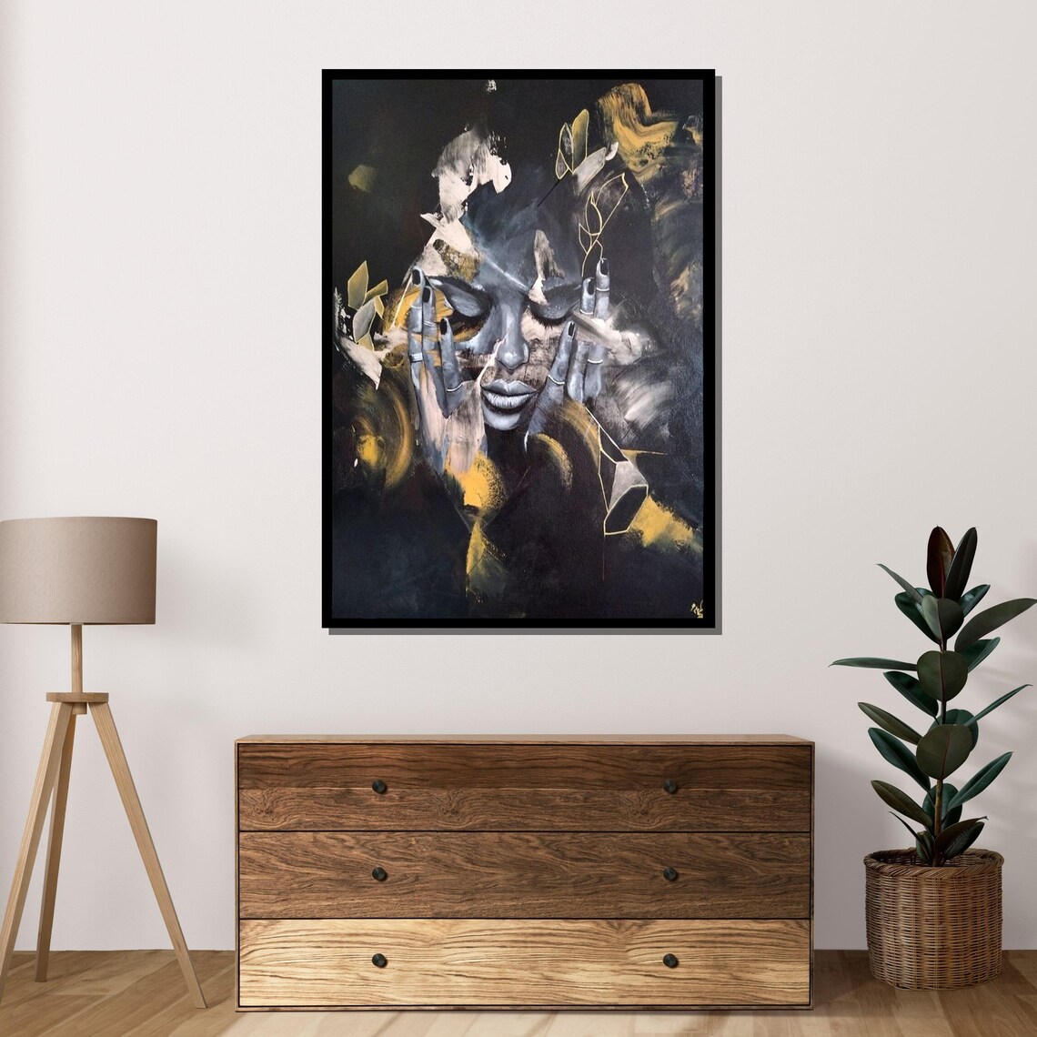 Black and Gold Abstract Emotional Portrait Thoughtful Woman Modern Art Poster - Image 4