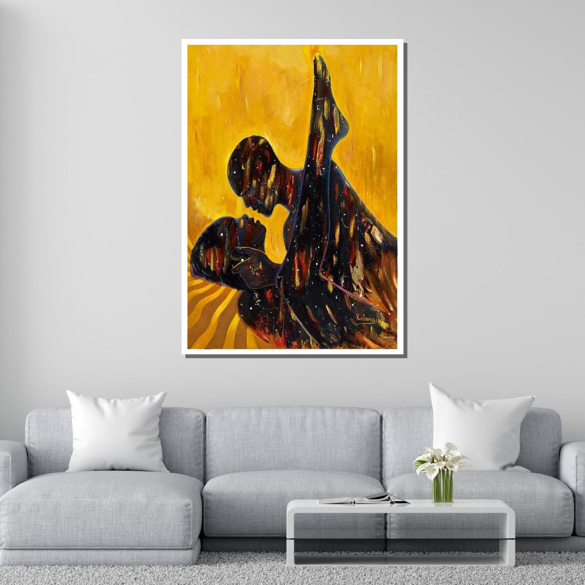 Cosmic Lovers Embrace Golden Yellow Abstract Couple Silhouette Poster - Image 2