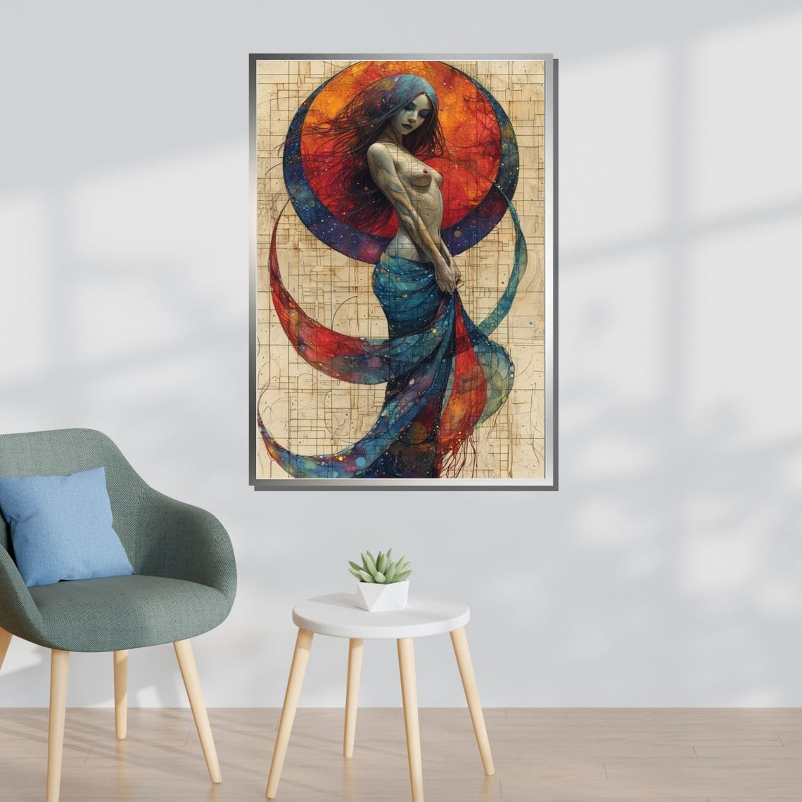 Ethereal Cosmic Goddess Swirling Red Blue Fabric Moon Dream Poster - Image 3