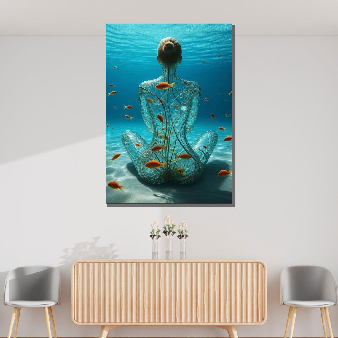 Underwater Serenity Glass Woman Meditating With Goldfish Ocean Poster - Image 3