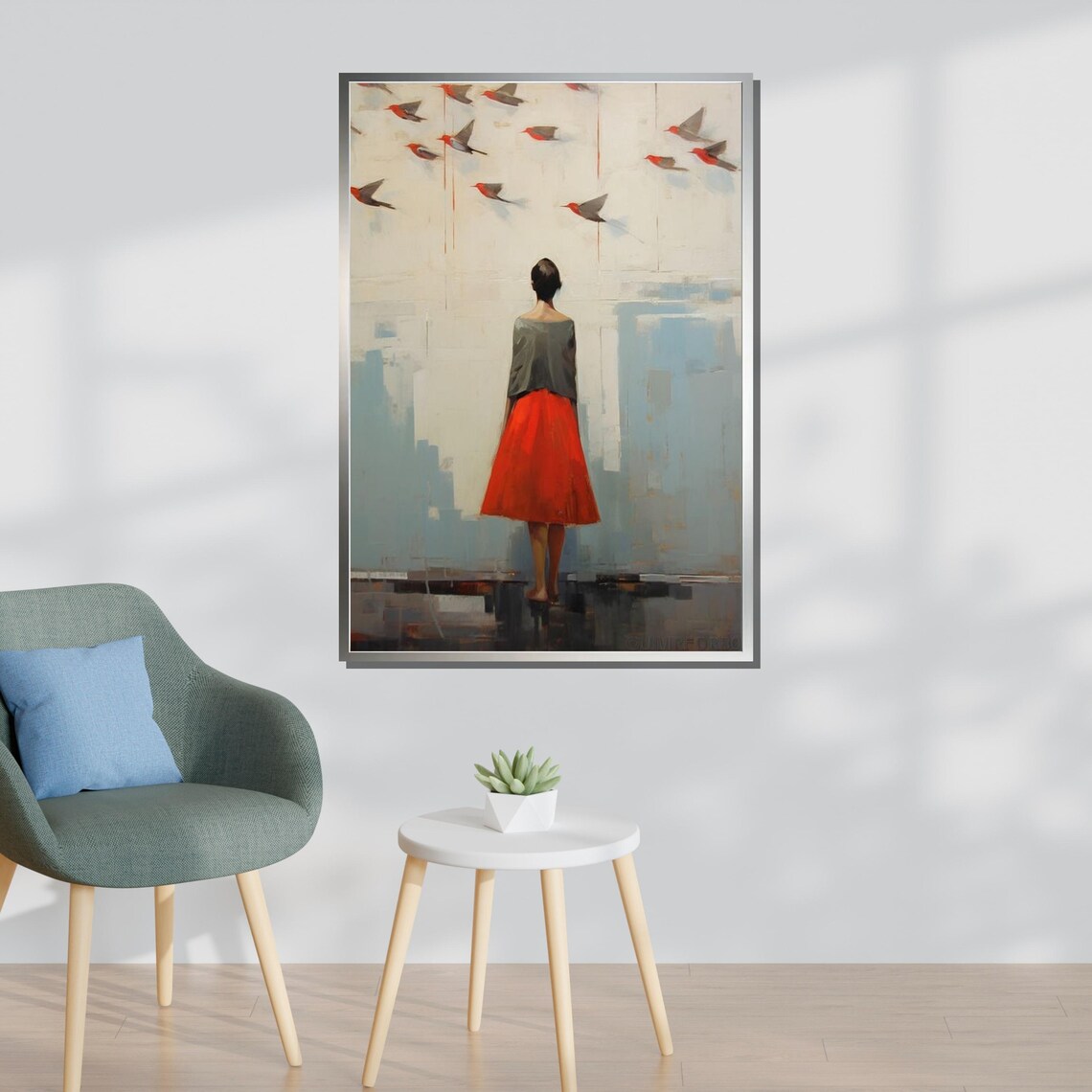 Woman In Red Skirt With Birds Minimalist Figurative City Art Poster - Image 3