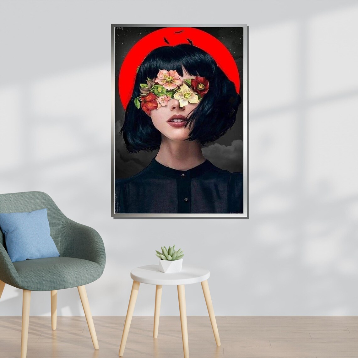 Surreal Floral Blindfold Woman Red Moon Dreamlike Dark Art Poster - Image 3
