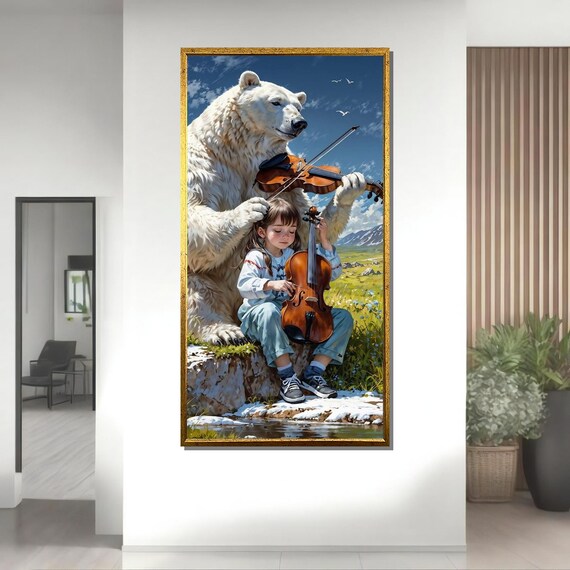 Polar Bear and Little Girl Playing Violins Whimsical Fantasy Music Art Print