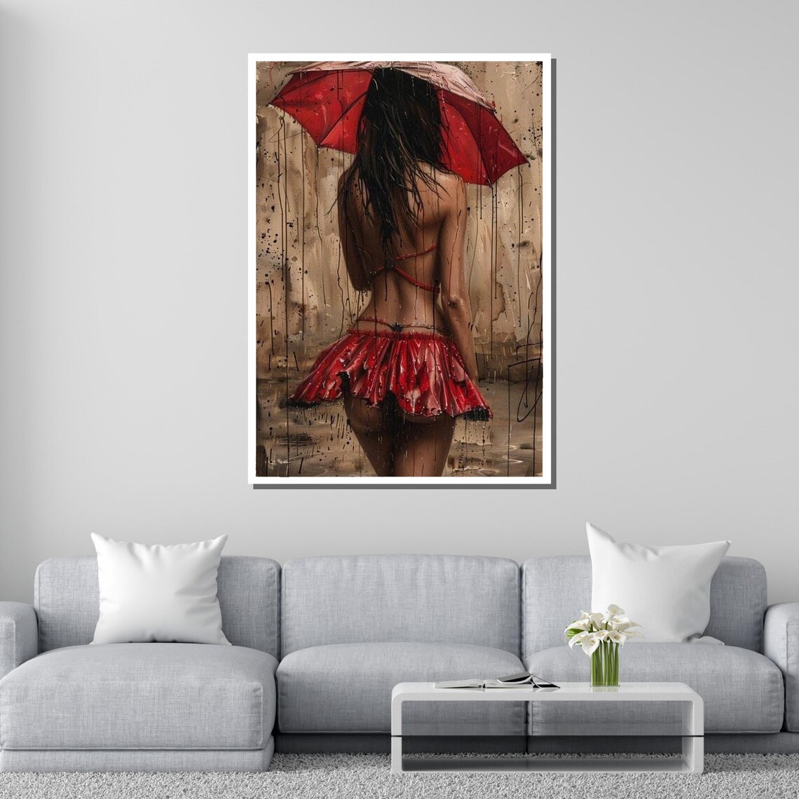Woman With Red Umbrella Rainy Day Moody Street Scene Back View Art Poster - Image 2