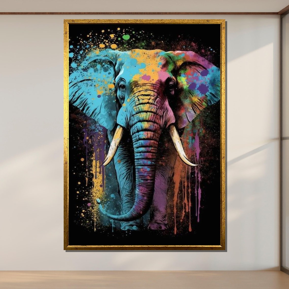 Colorful Elephant Head Paint Splatter Abstract Black Art Wall Poster
